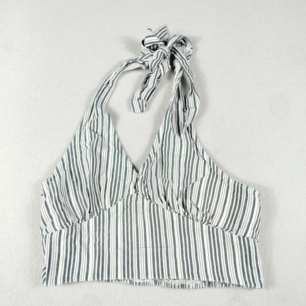 American Outfitter Top‎ Womens Small White Gray Halter Neck Striped Crop Beach